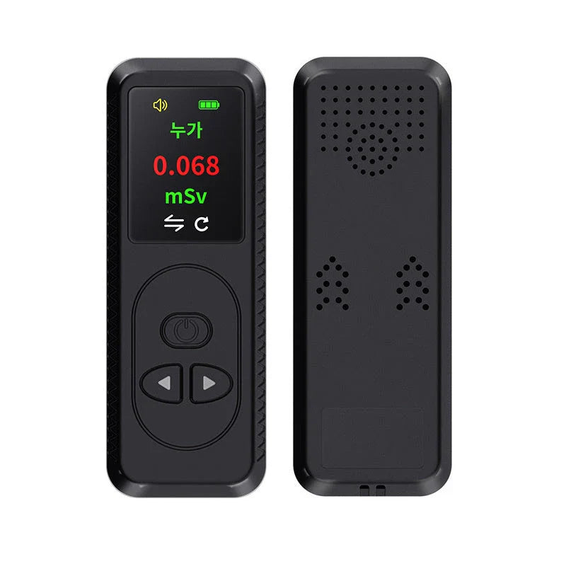 Portable radiation detector with color display, alarm function, and rechargeable battery for monitoring X, gamma, and beta radiation levels