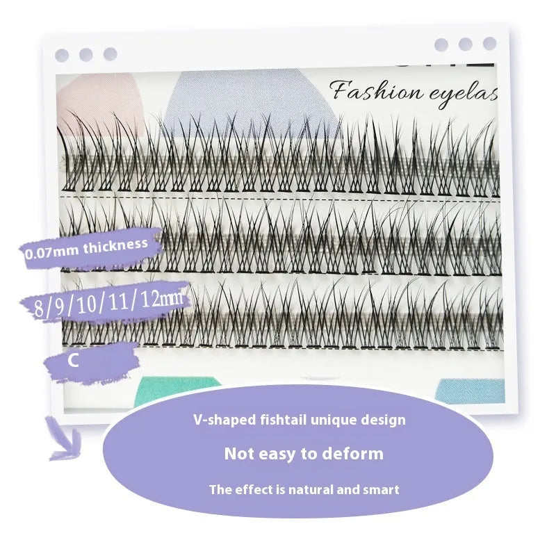 Black V-shaped fairy fishtail false eyelashes with thick segment design on a white background.