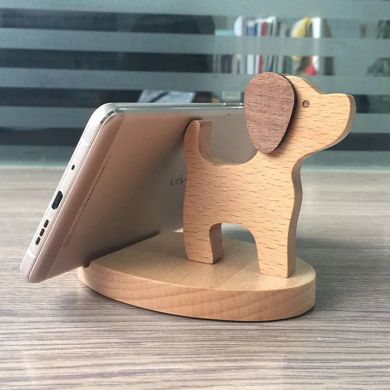 Beech wood mobile phone holder with coin slot showing adjustable angle and resin decorative elements