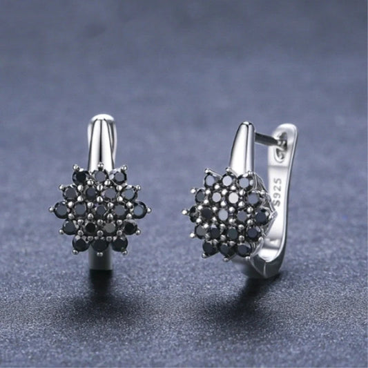 Korean-style copper black zircon flower stud earrings for women, elegant and durable design
