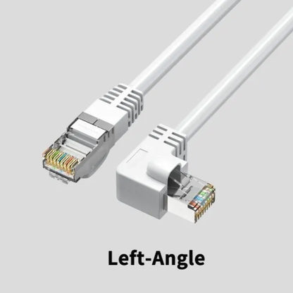 Black Cat6 Ethernet cable with a right-angled metal RJ45 connector, showing the 90-degree bend and cable length.