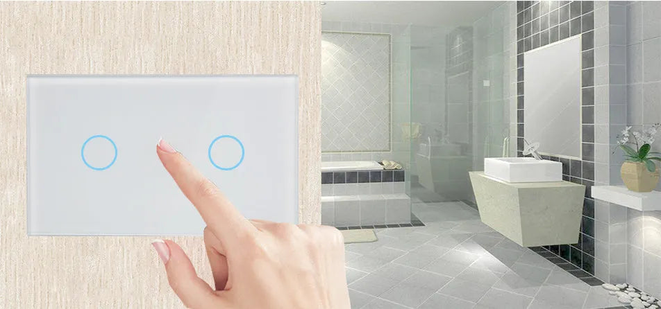 US-RF-02W white 2-gang remote control light switch with tempered glass panel measuring 120x72x35mm