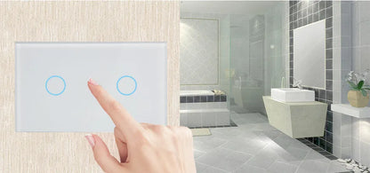 US-RF-02W white 2-gang remote control light switch with tempered glass panel measuring 120x72x35mm