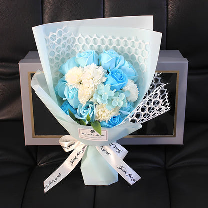 Handmade 19 rose soap bouquet in pink, red, blue, purple, or white, arranged in gift box for events