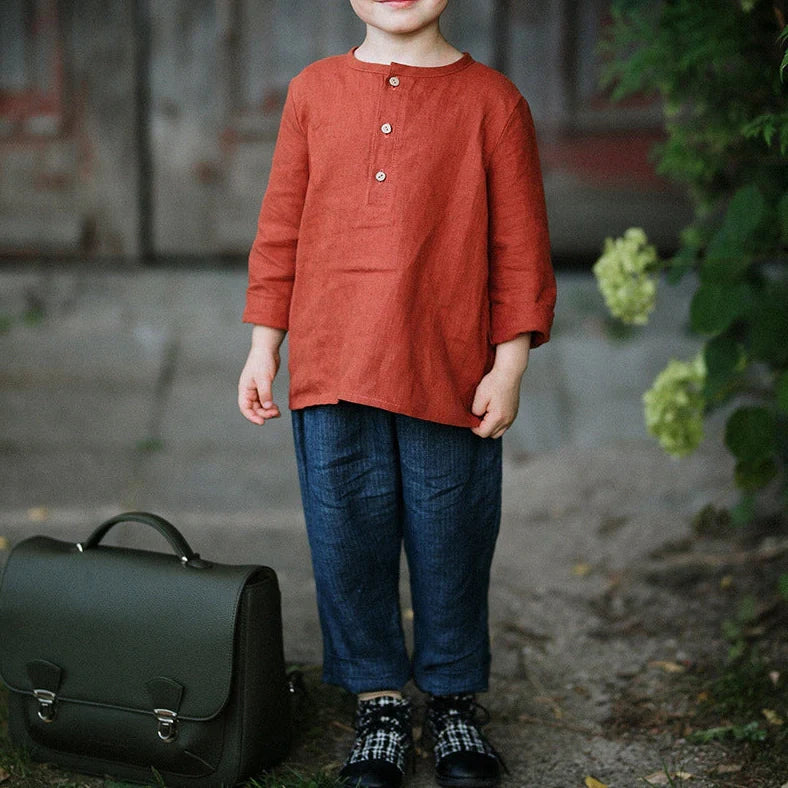 Boy's half-open collar linen shirt in green colour with long sleeves