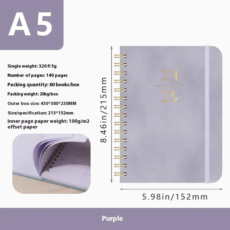 A5 size PU leather notebook with metal coil binding in a choice of colours including black, blue, and brown.