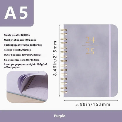A5 size PU leather notebook with metal coil binding in a choice of colours including black, blue, and brown.
