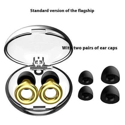 A pair of noise reduction sleep earplugs in a choice of colours, shown with a storage box and spare silicone ear caps.