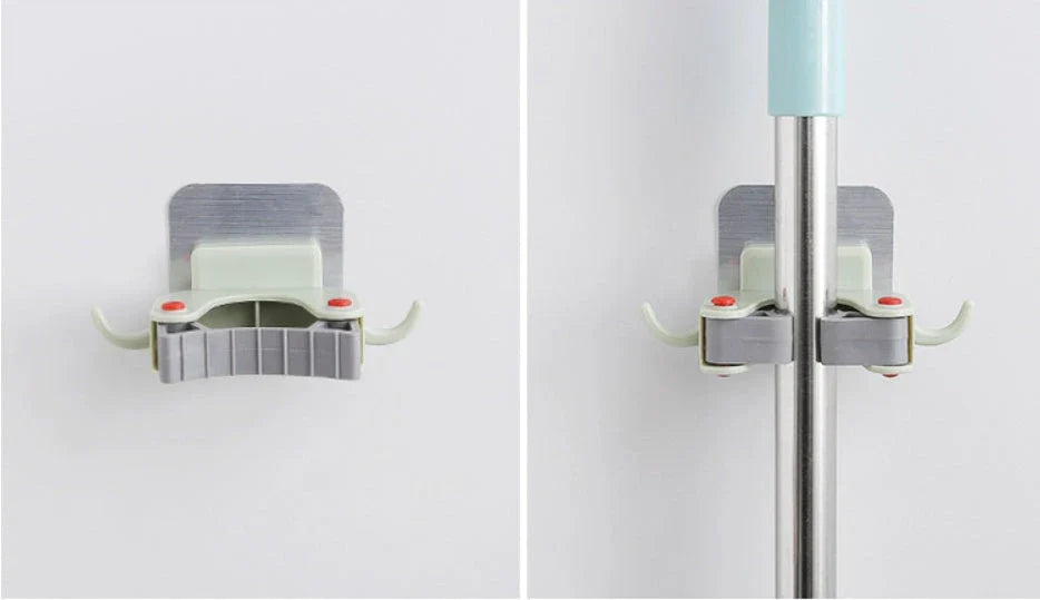 Versatile adhesive wall hooks for organizing mops, brooms, and other cleaning tools in the bathroom or laundry room