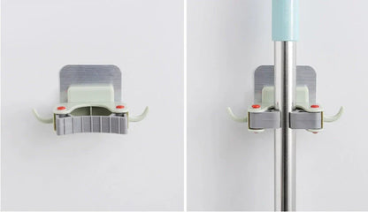 Versatile adhesive wall hooks for organizing mops, brooms, and other cleaning tools in the bathroom or laundry room