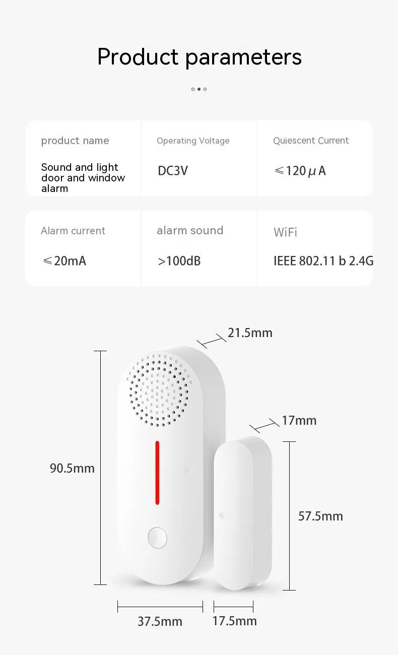 WiFi door magnetic sensor alarm unit for wireless home security with sound and light alerts