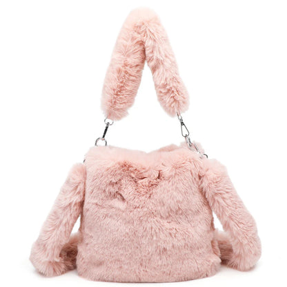 Plush tote bag for women in various colors, including black, brown, white, gray, and pink, with a soft, fluffy exterior and a spacious, versatile design.