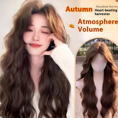 Full head synthetic wig with long curly brown hair and side bangs, made from high temperature fibre.