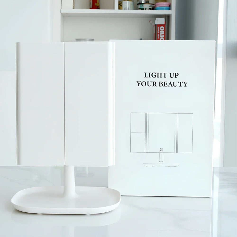 White LED makeup mirror with folded design showing rotation mechanism and magnification lenses