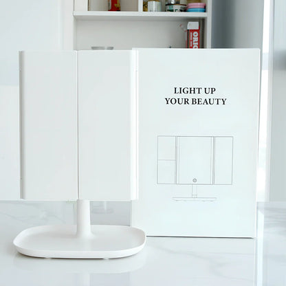 White LED makeup mirror with folded design showing rotation mechanism and magnification lenses