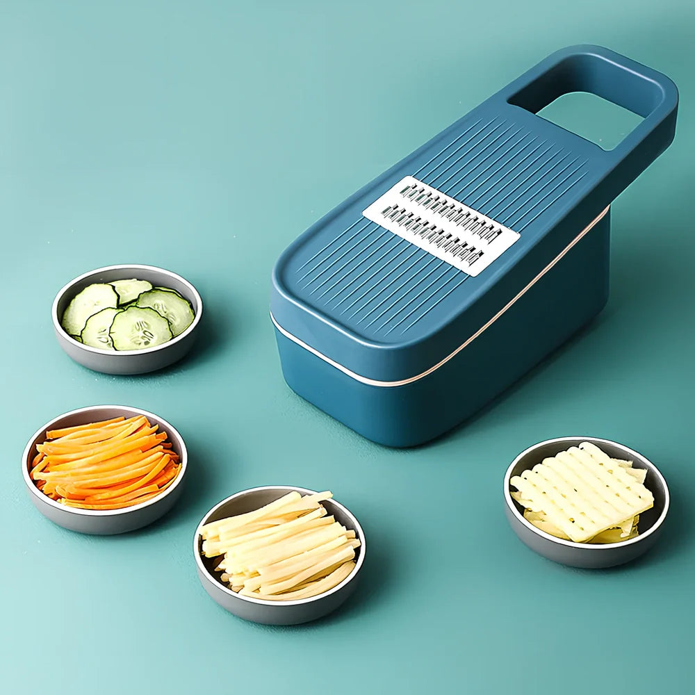 Blue multi-function kitchen cutter with stainless steel blades for slicing and shredding vegetables