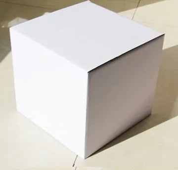 Square black corrugated cardboard packaging box with dimensions shown.