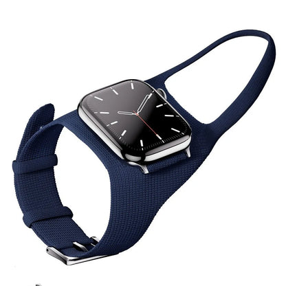 Nylon knitted rider wrist strap for Apple Watch in Army Green, Wine Red, Blue, or Black, sizes 38-42mm and 42-49mm