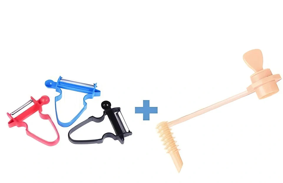 Stainless steel vegetable peeler set with black, blue, red handles and dual swivel blades