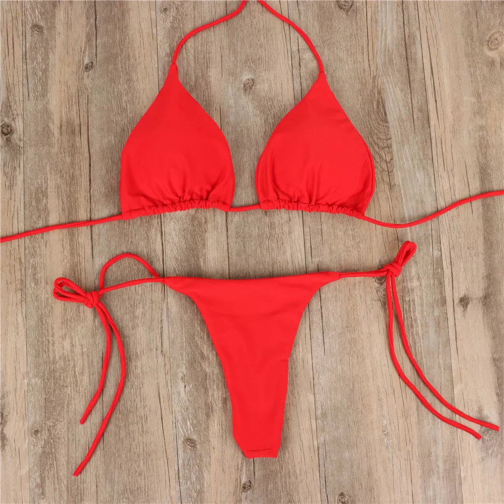 Adjustable halterneck bikini set with lace-up detail in various colors