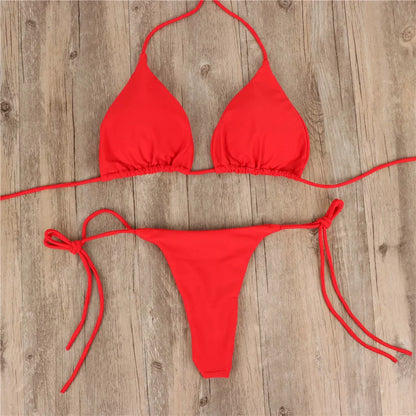 Adjustable halterneck bikini set with lace-up detail in various colors