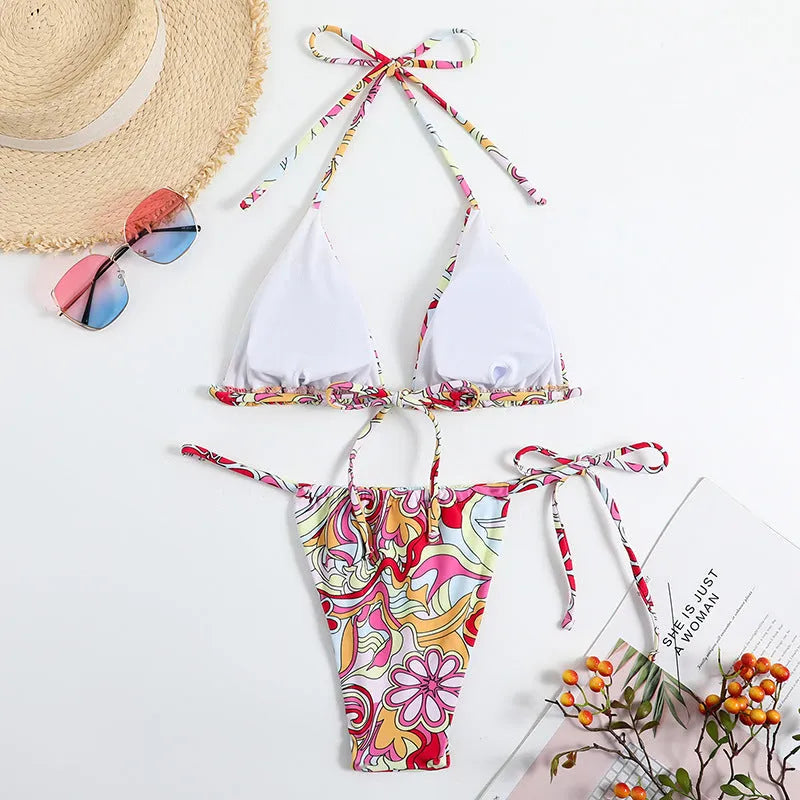 Women's triangle printed bikini swimsuit with hanging neck and separate top and bottom pieces