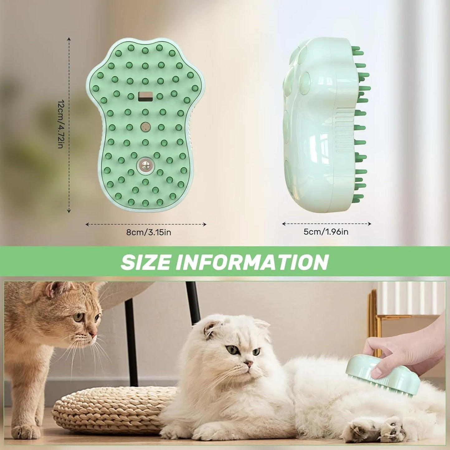 Self-cleaning cat steam brush with silicone bristles, blue light, and rechargeable spray for pet grooming