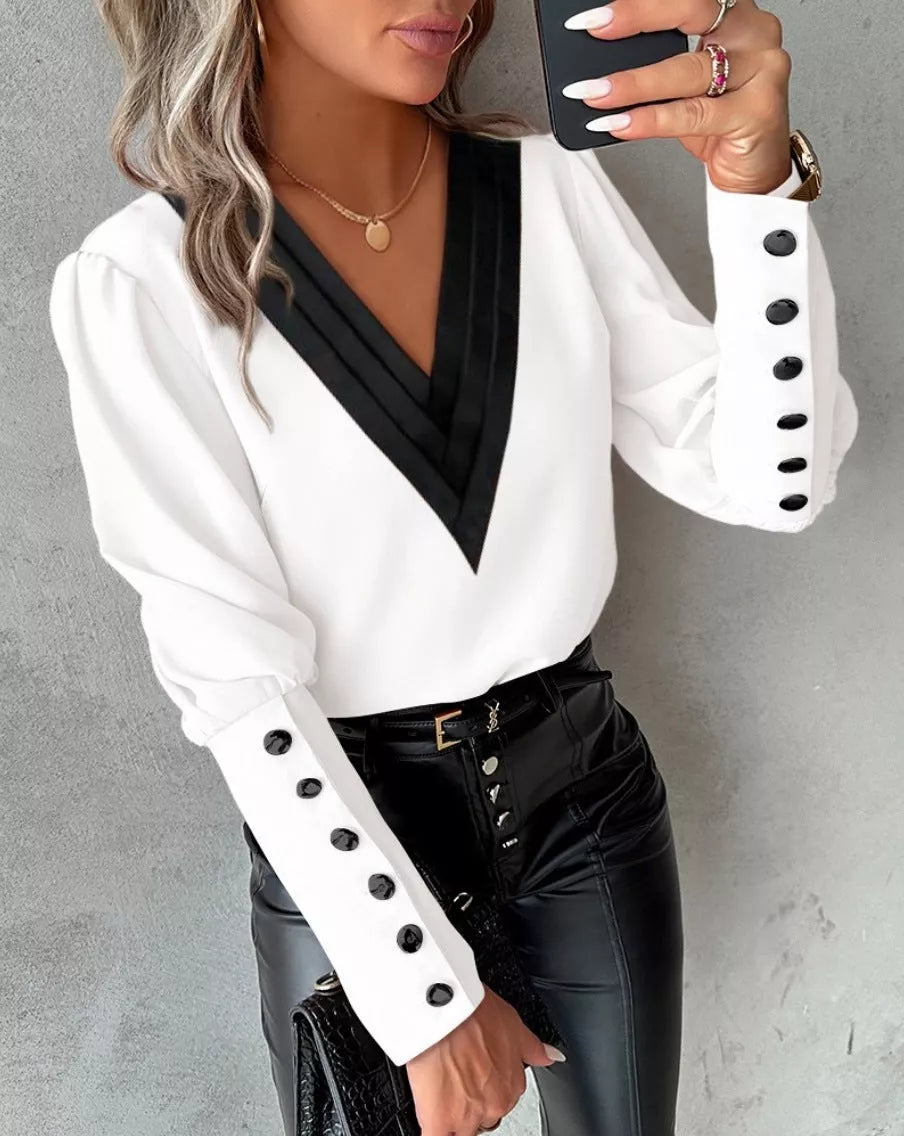 Women's V-neck long sleeve blouse with button design in various colors