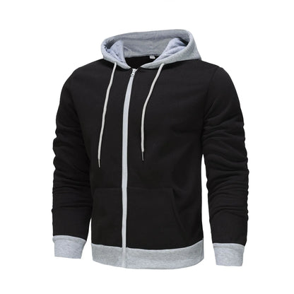 Men's black zip-up hoodie cardigan with a fleece lining, shown with the hood up.