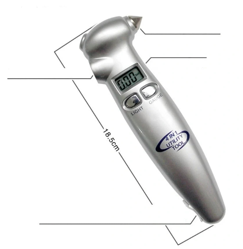 Digital Four-in-One Tire Pressure Gauge with safety hammer and emergency light