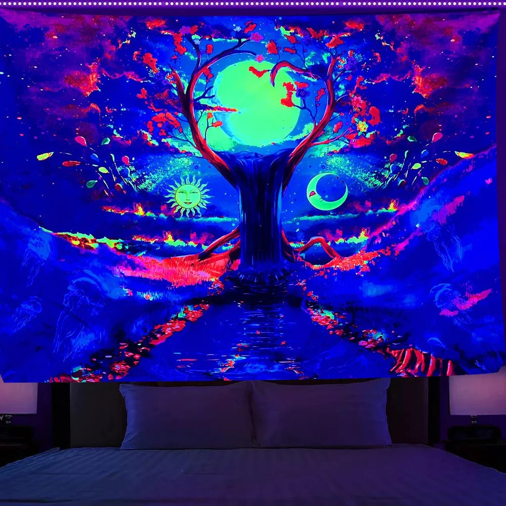 Simple mushroom tree of life fluorescent print polyester tapestry, 150x200cm size hanging on wall with subtle glow