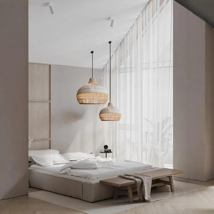 Rattan chandelier with 60cm diameter and woven design for living room lighting