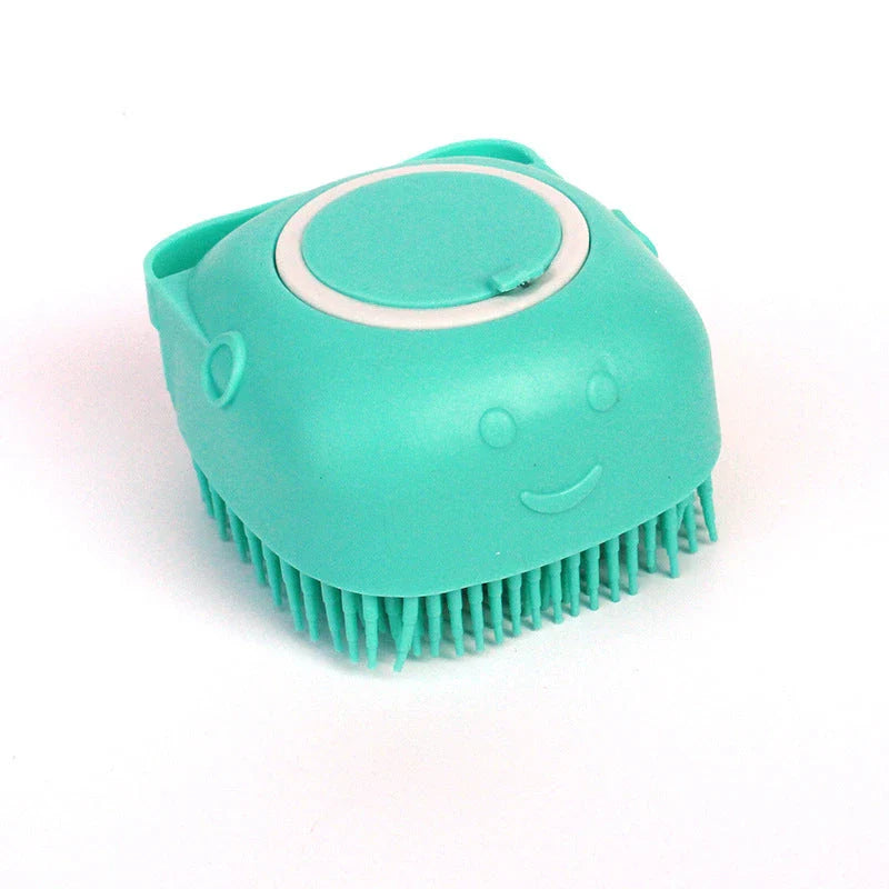 Silicone pet bath brush with shampoo dispenser, designed for gentle grooming and soothing massage