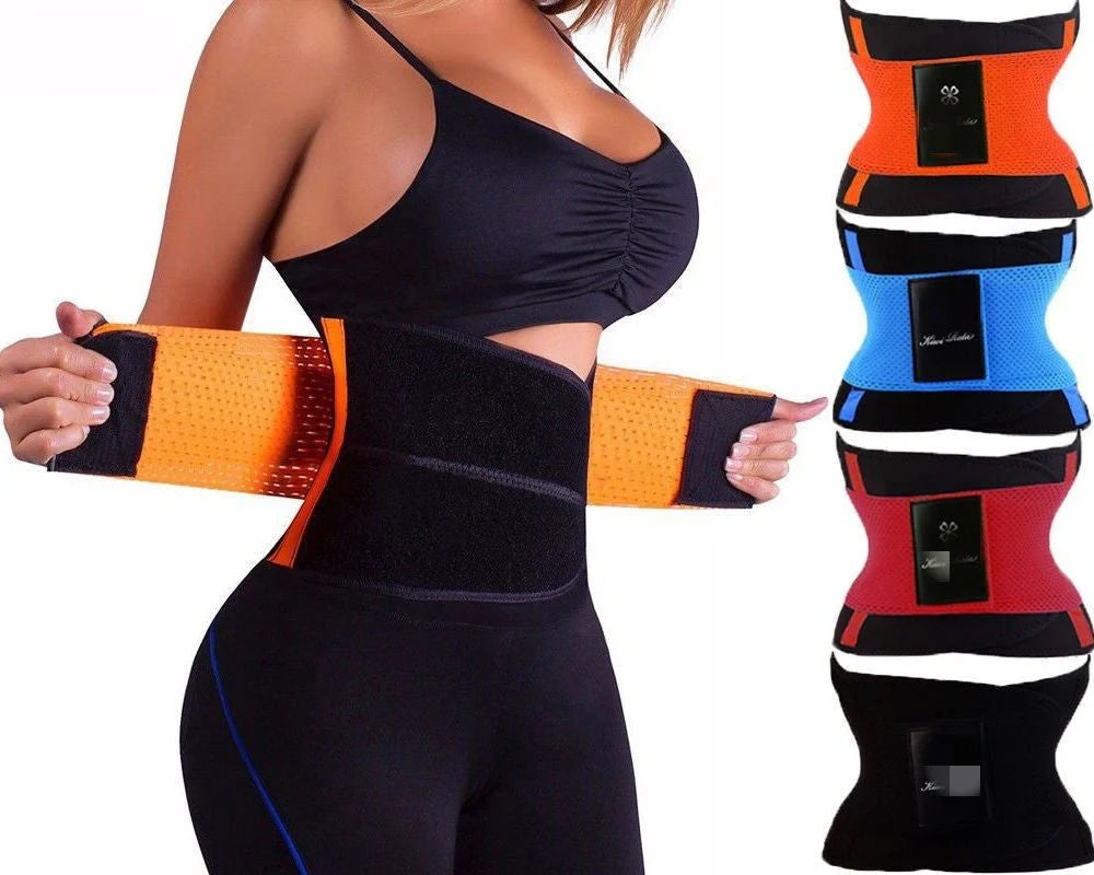 Women's slimming plastic belt in black, blue, orange, and purple for workout support