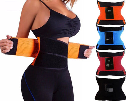 Women's slimming plastic belt in black, blue, orange, and purple for workout support