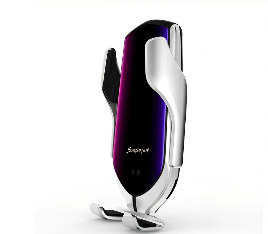 Black car wireless charger phone holder with suction cup mount and 360-degree rotation on a dashboard