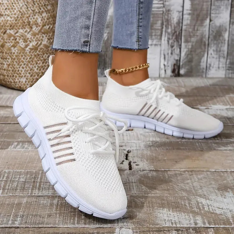 Women's casual mesh sports flat shoes with front tie design in multiple colour options