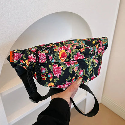 Women's floral western-style waist bag in nylon with three-dimensional pockets