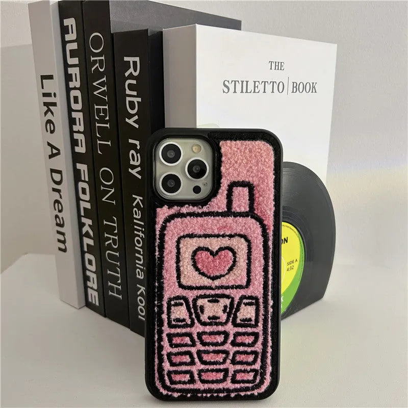 iPhone towel-embroidered soft TPU phone case cover for iPhone 11, 12, 13, 14, 15, X, XR, XS, XS Max models in pink Japanese and Korean ins style design back protection