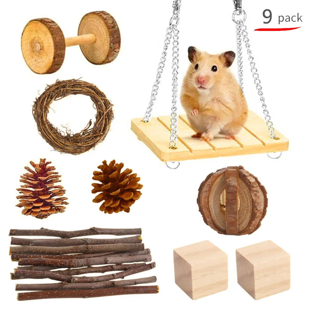 Assortment of wooden and natural fibre chew toys for small pets including balls, rings and woven shapes.