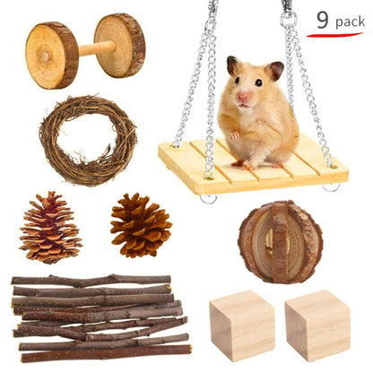 Assortment of wooden and natural fibre chew toys for small pets including balls, rings and woven shapes.