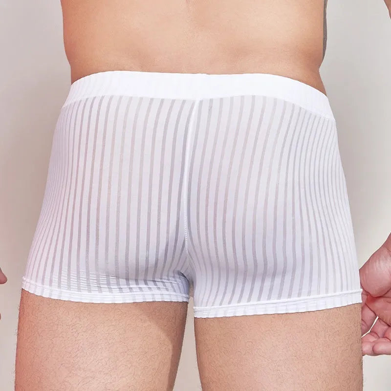Men's striped underwear in black, white, or dark grey with thin nylon fabric and free size fit