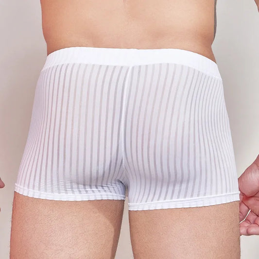 Men's striped underwear in black, white, or dark grey with thin nylon fabric and free size fit