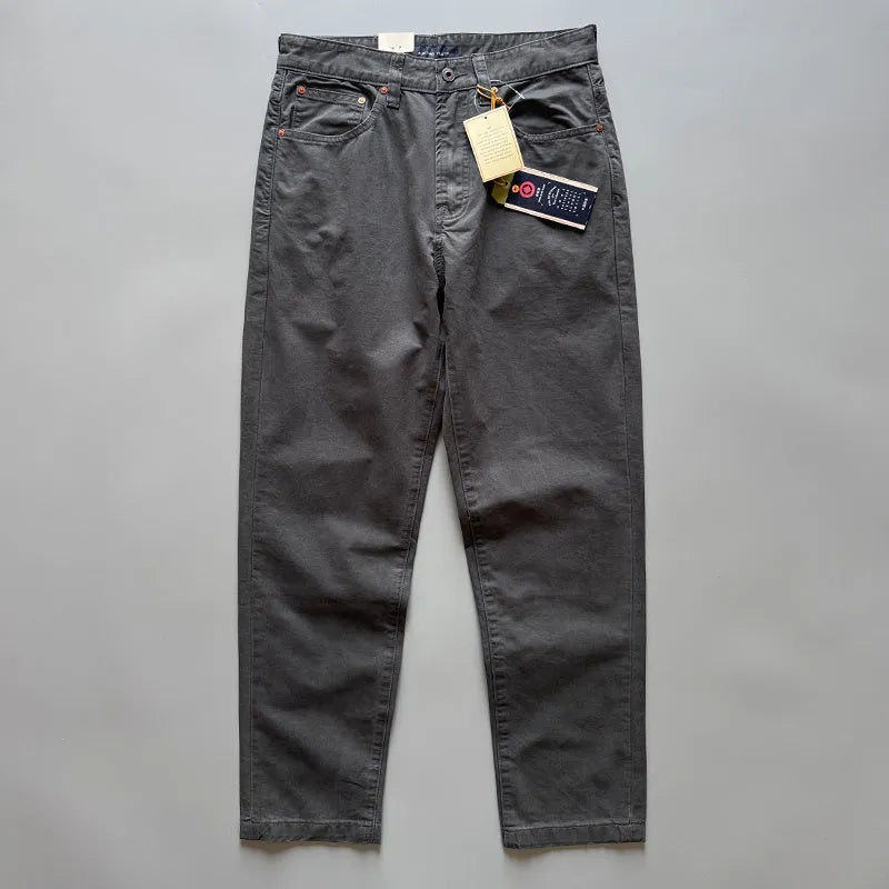 Men's straight leg casual cotton trousers in grey colour showing mid-waist fit and straight silhouette
