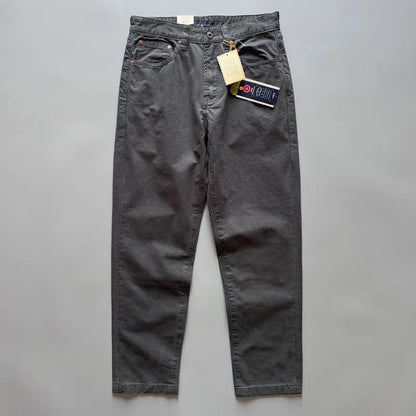 Men's straight leg casual cotton trousers in grey colour showing mid-waist fit and straight silhouette
