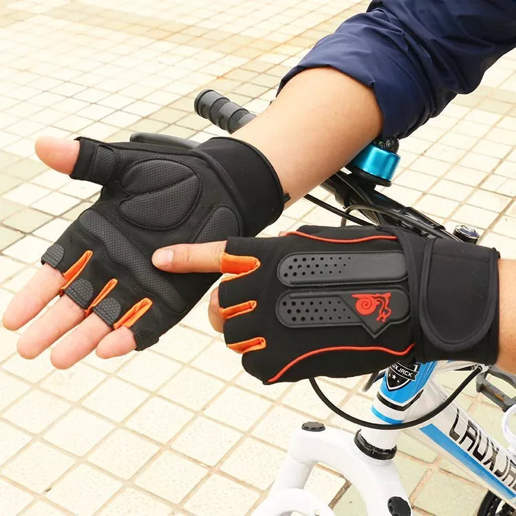 Men's fitness gloves in black with orange, blue, or pink accents, sizes M, L, XL