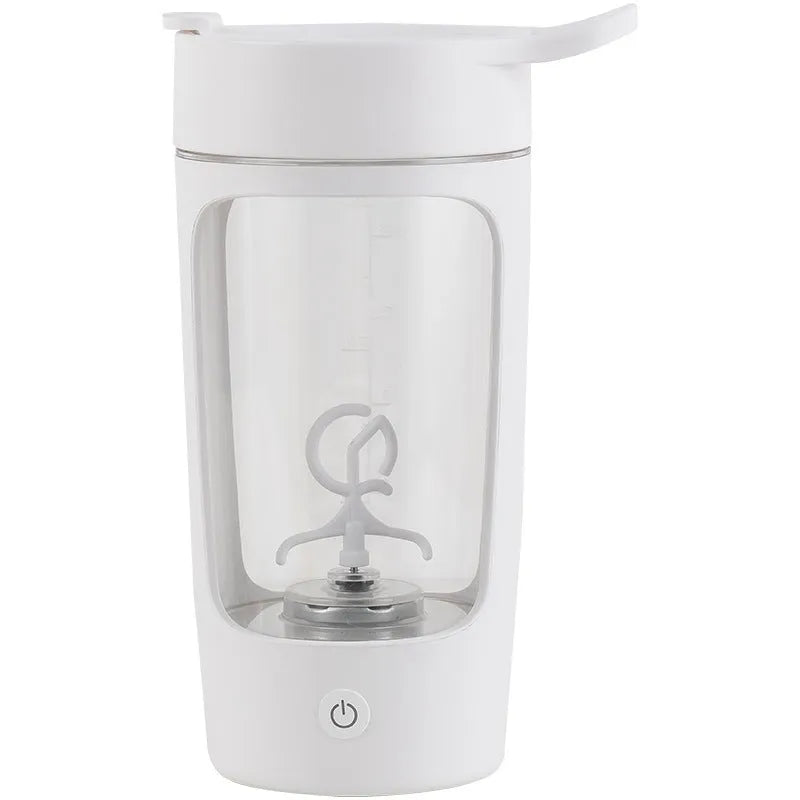Portable automatic juice blender cup in black, blue, pink, or white, showing 650ml capacity and compact size.