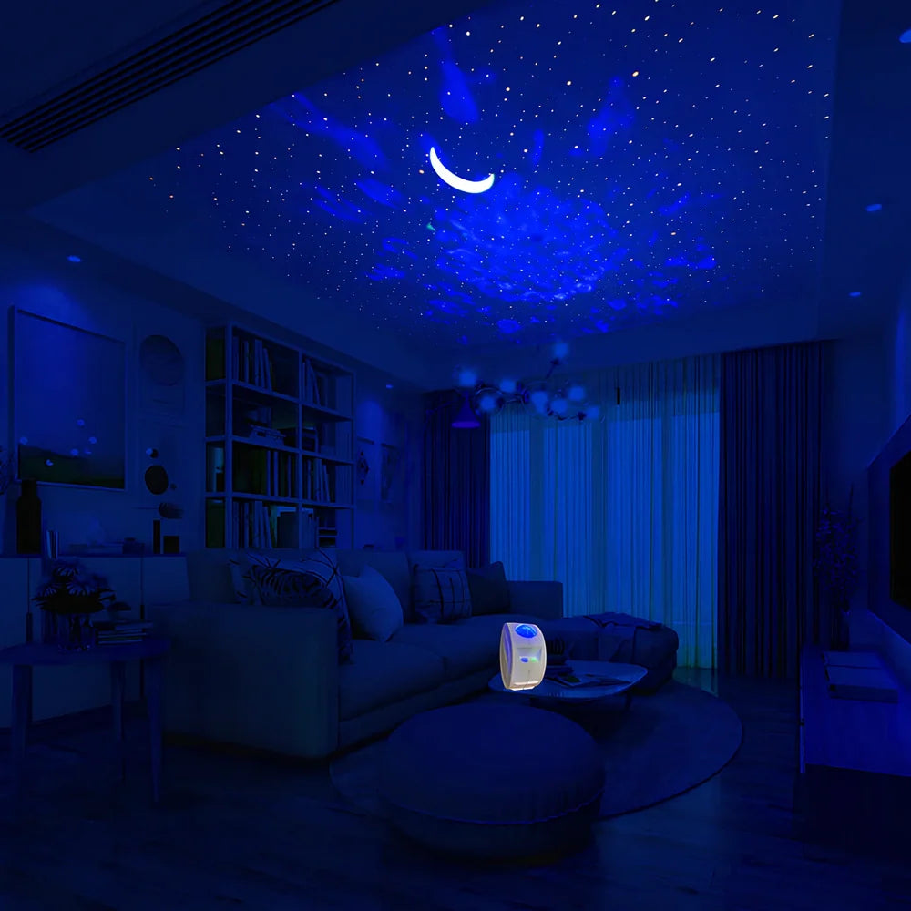 USB star projection light with voice control showing rotating mechanism and star pattern projection