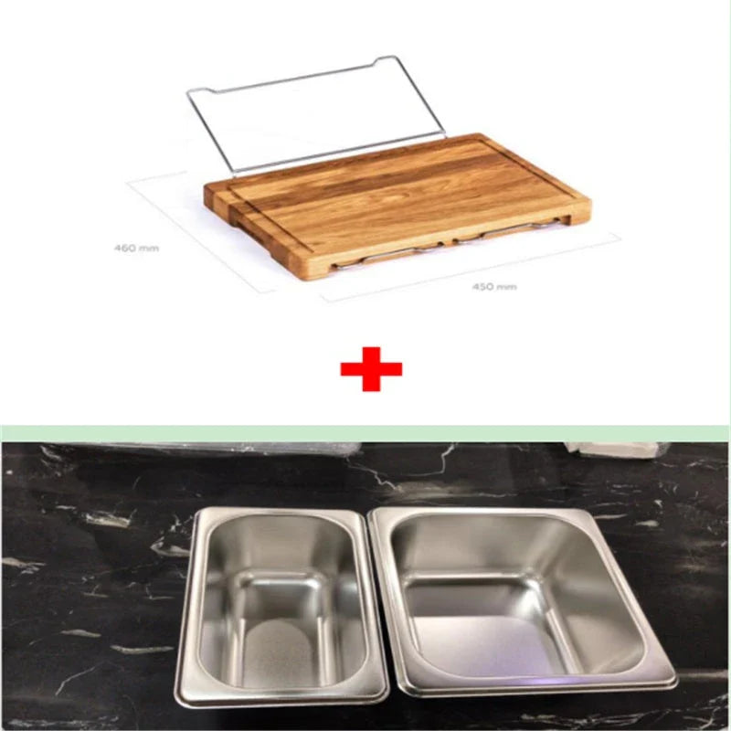 Bamboo cutting board with plastic storage trays for meal prep and organization