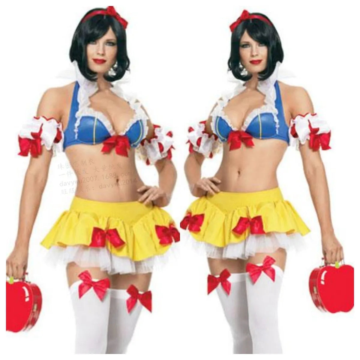 Snow White anime cosplay costume set with lace-up corset top, short skirt, headwear, and hand sleeves